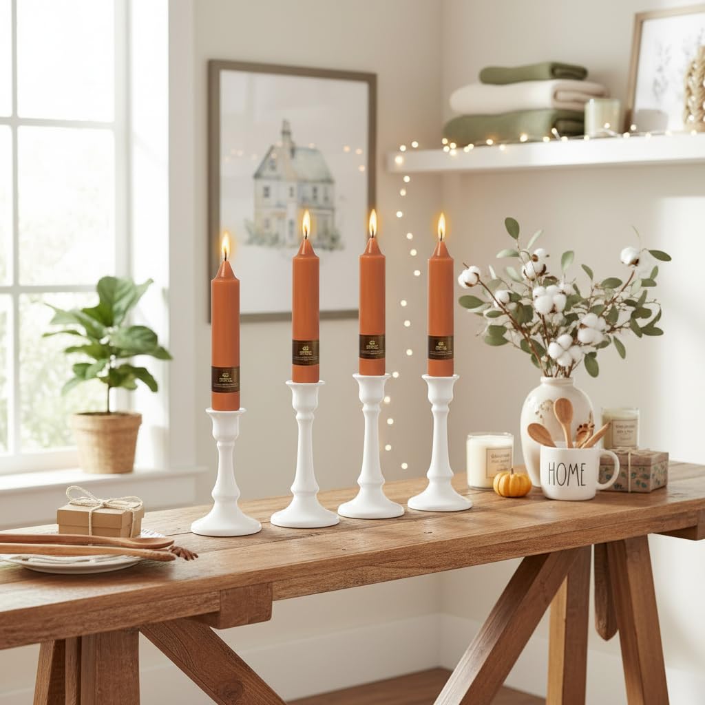 Short Pumpkin Chunky Taper Candles 7 Inch Set of 4 Candlesticks Fat Candles Handmade Clean Burning Unscented Candles for Dinner Country Farmhouse Bedroom Meditation Wedding Home Decor Sanctuary