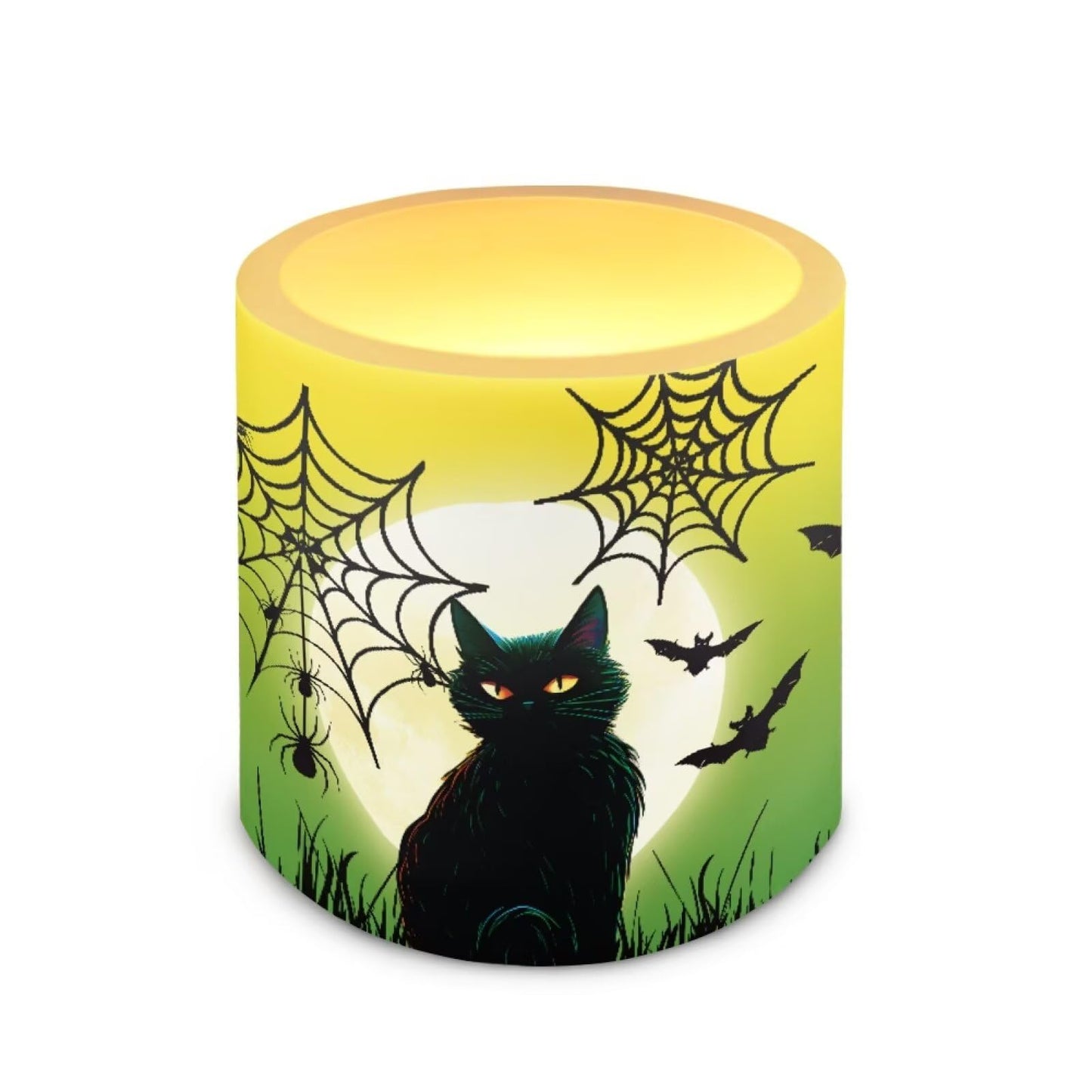 Merkmak Flameless Candles with Remote Battery Operated Candles with Timer Halloween Spider Web Black Cat Pumpkin Print Flameless Pillar Tea Lights for Party Home Decorations