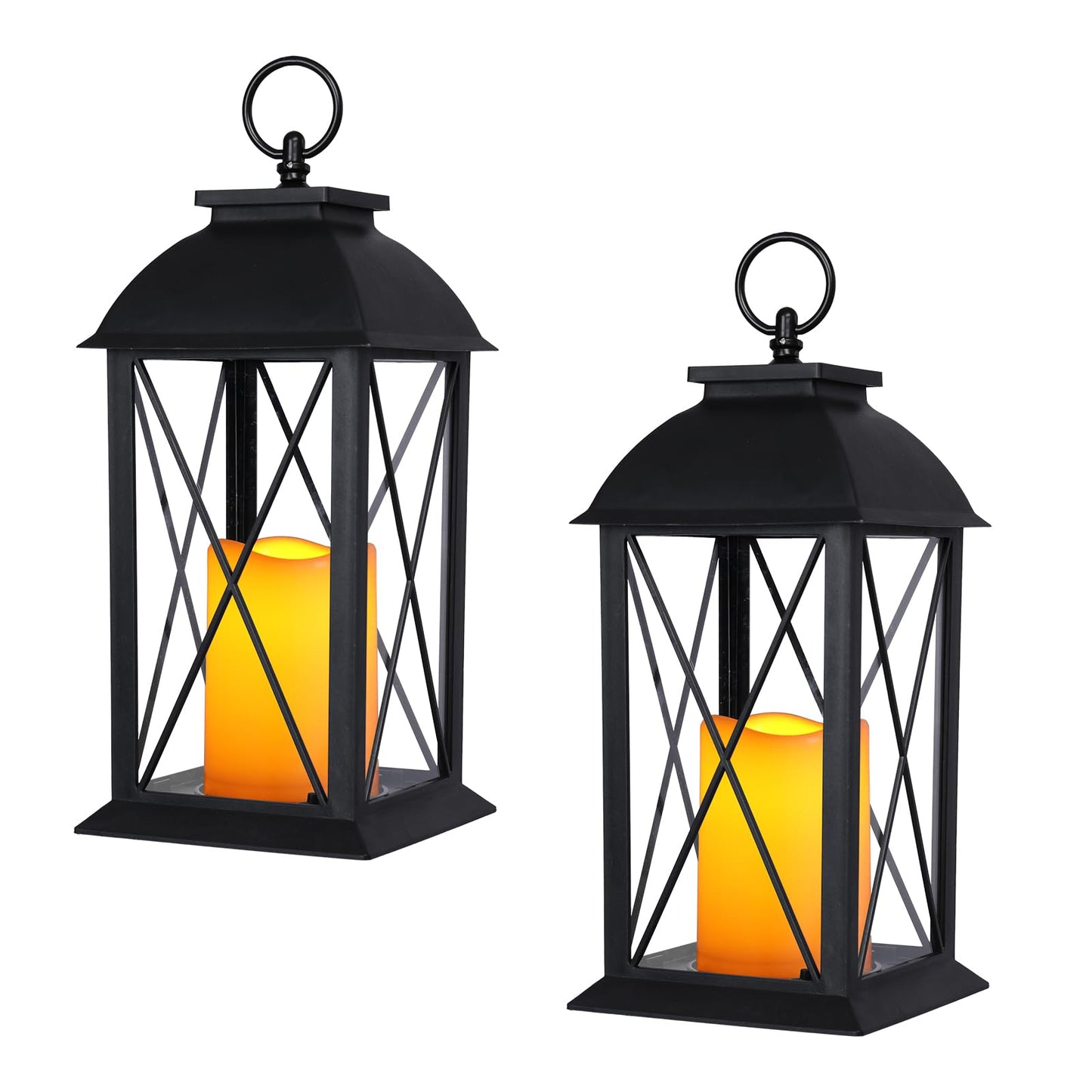 Bdor 2 Pack 13-Inch Black Decorative Lantern with LED Candle (6hr Timer) - IP65 Waterproof Battery Powered - Outdoor Patio Hanging Lanterns Decorative Tabletop Lanterns