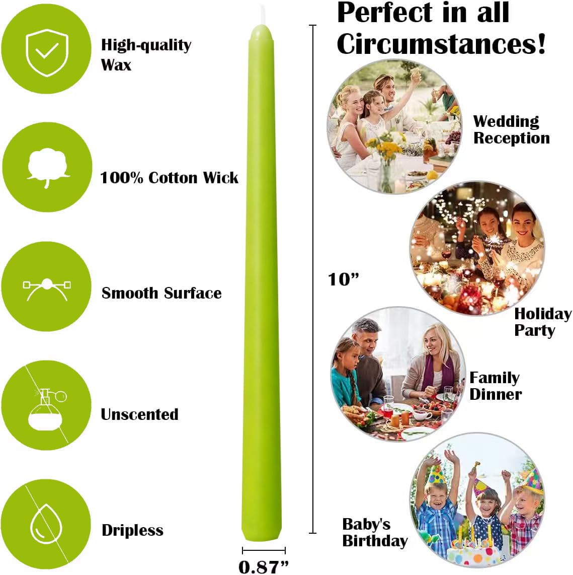12-Pack Apple Green Taper Candles, 10 Inch Unscented Dripless Candlesticks, Long-Lasting Burn Time of 7-8 Hours, Perfect for Home Décor, Spring and St. Patrick's Day