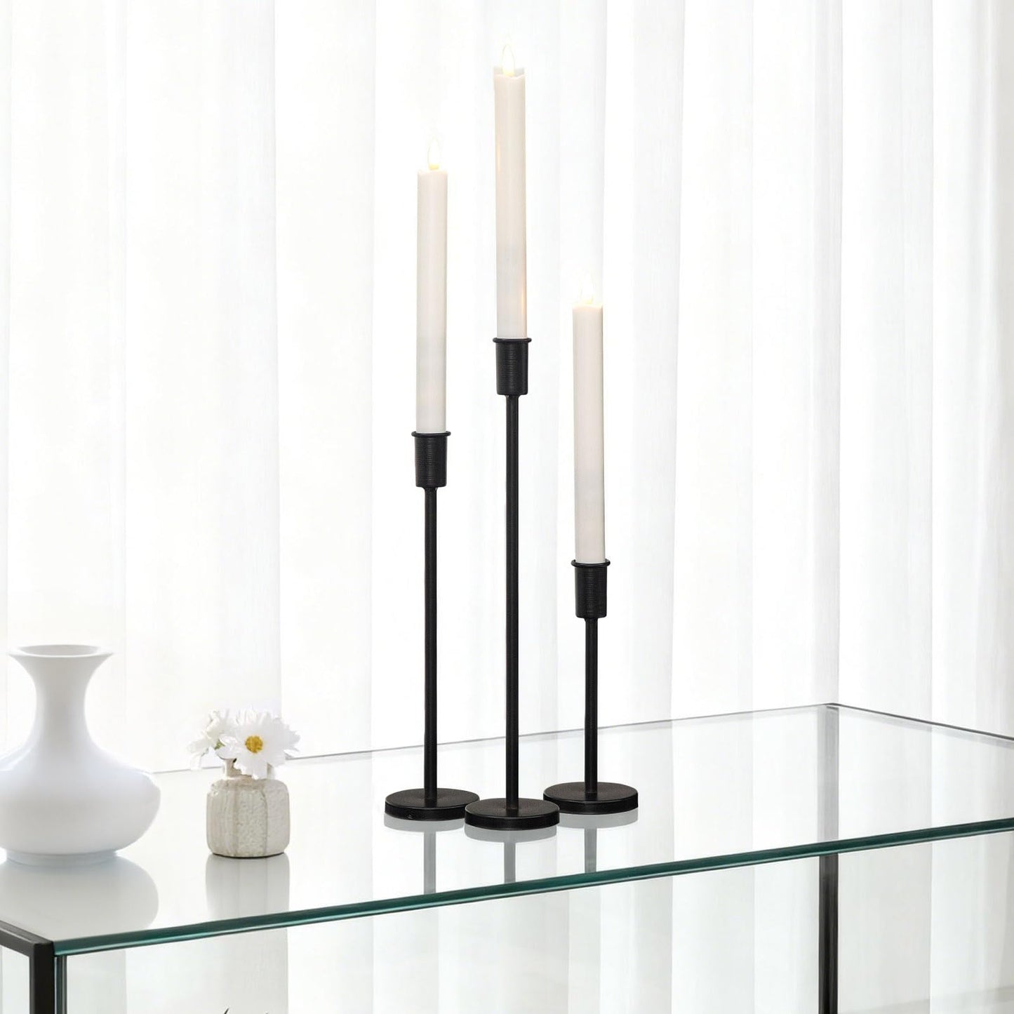 UPPER DECOR Matte Black Pillar Candle Holders - Set of 3 Heavy Decorative Iron Candlestick Stands for Table Centerpiece, Wedding, Dining, Party Candle Stick Holders