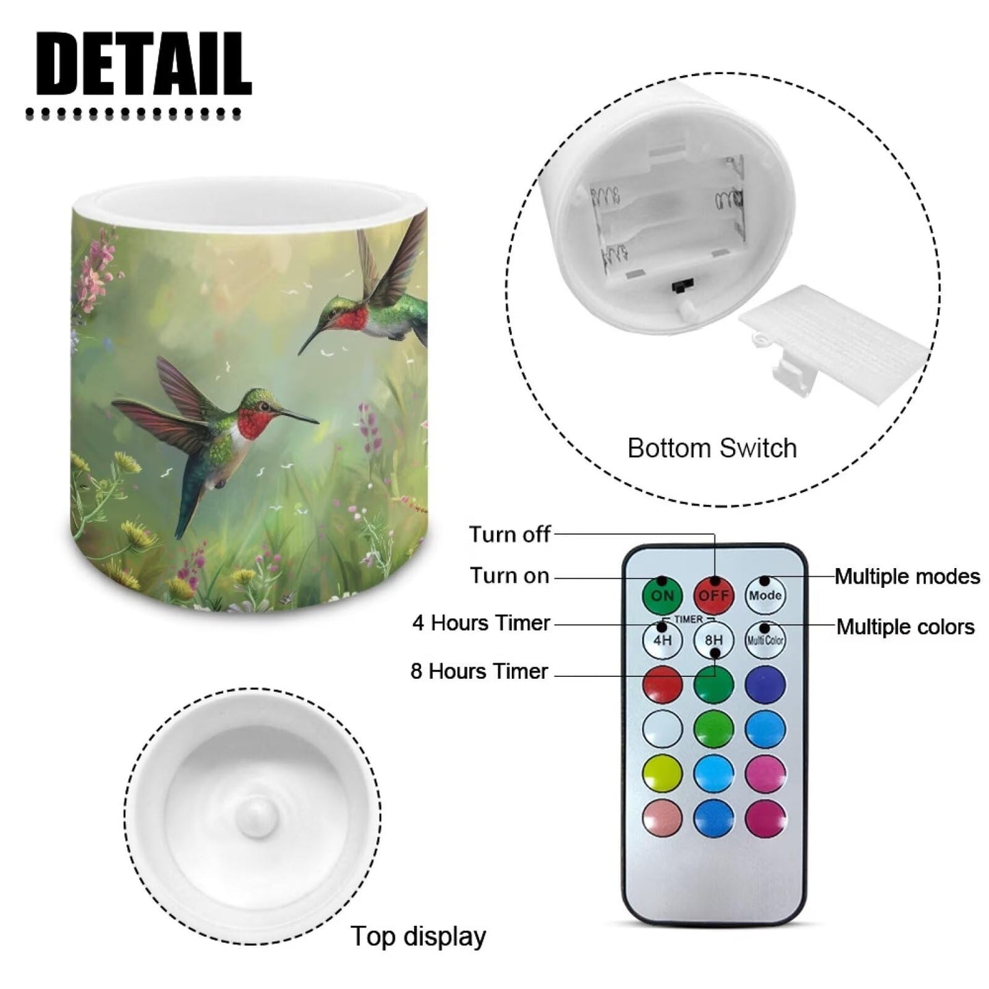 Cozeyat Green Floral Hummimgbird Versatile LED Candles Set of 4 Battery Operated Flameless with Remote Timer Waterproof Dancing Flame for Table Patio Beach Home Decoration