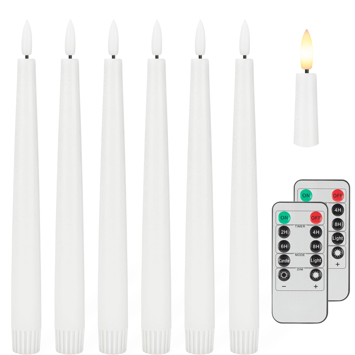 Flameless Taper Candles with 3D Wick, 9.6" Real Wax LED Candles with 2 Remote and Timer, 6 Pack Flickering Candlesticks Battery Operated, Classic Tall Taper Candle for Home, Wedding, Party, White