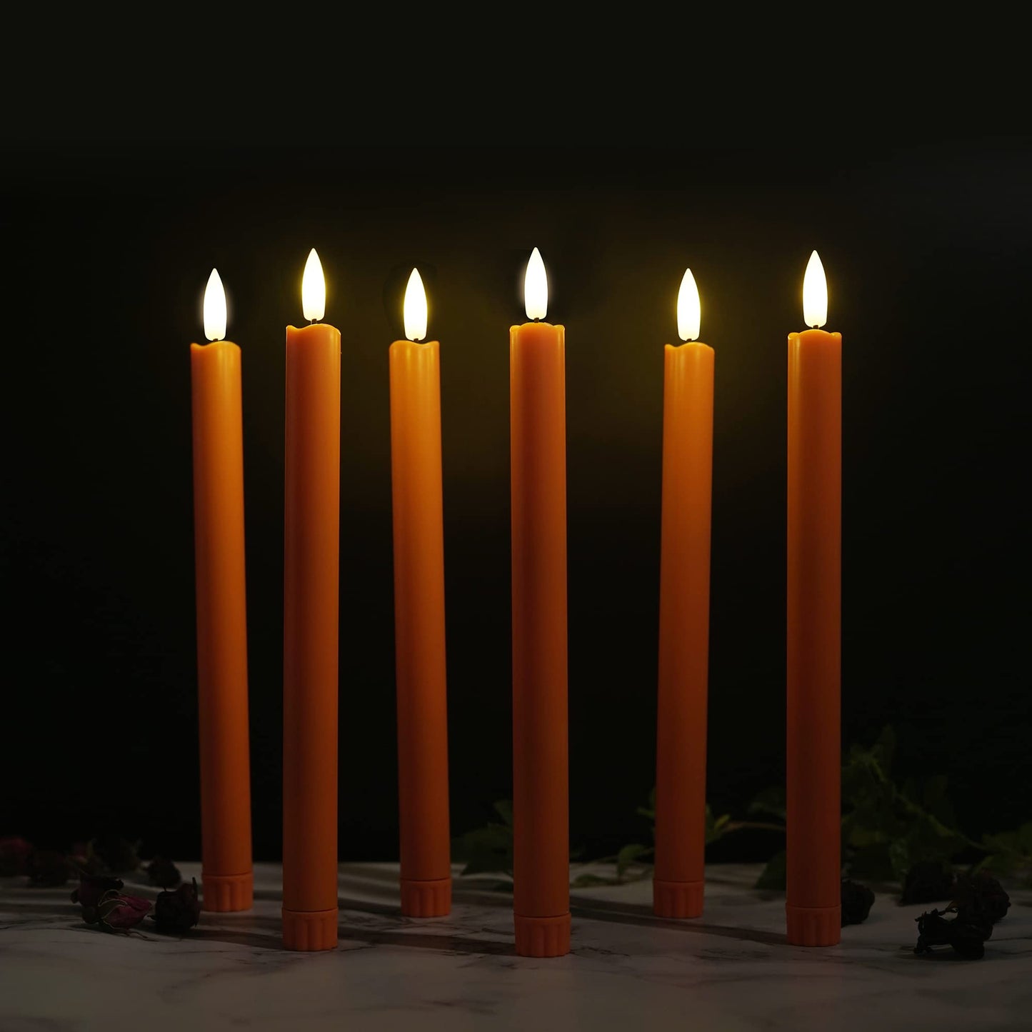 Stmarry Flameless Orange Taper Candles with Remote - 10 Inch LED Candlesticks Flickering, Realistic 3D Flame with Wick, Warm White Light, Thanksgiving Fall Autumn Decor for Home, Timer - Set of 6