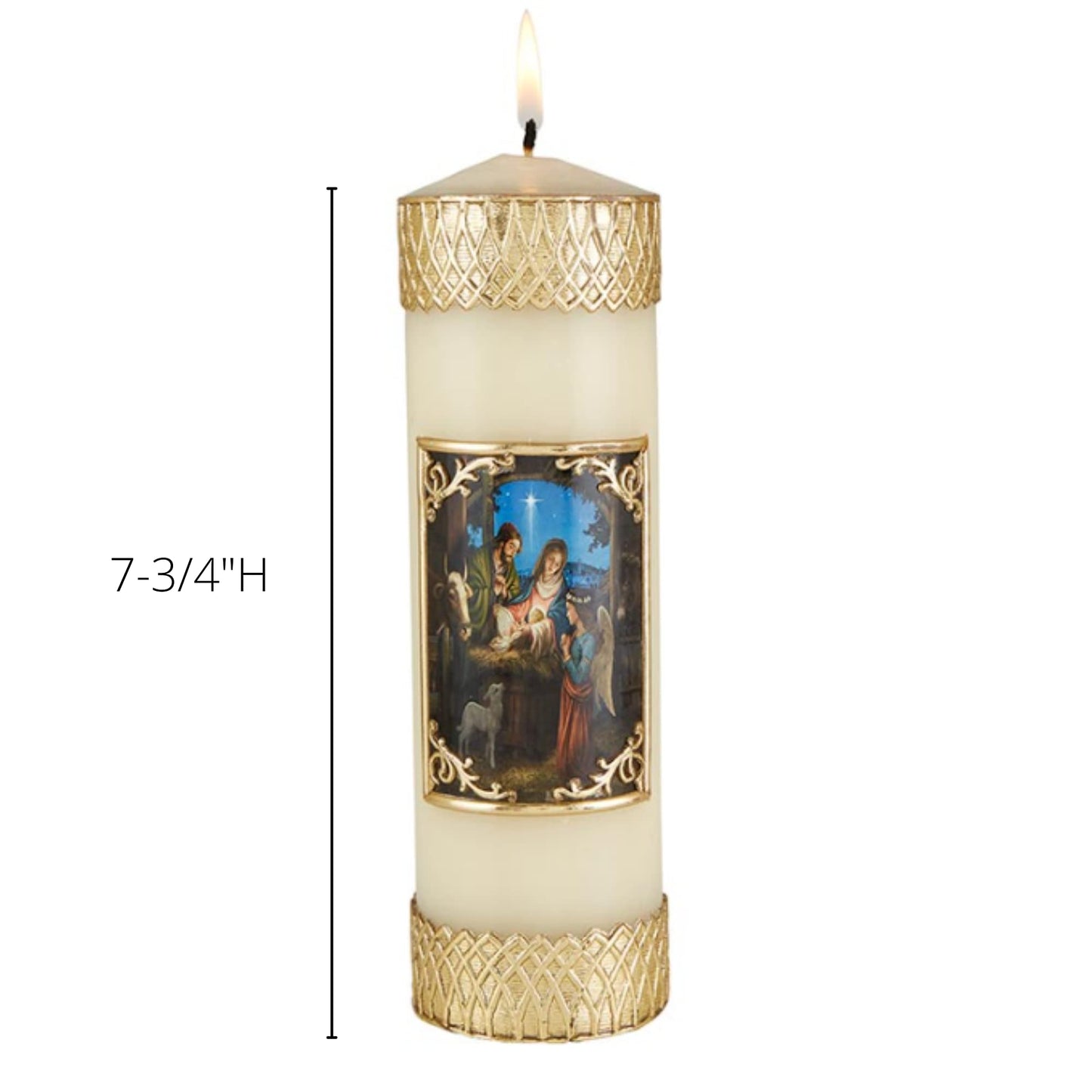 Needzo Gold Tone Nativity Scene Ornate Pillar Candle for Christmas Mass Decoration or Holiday Candles for Homes, Mantels or Centerpieces, 7.75 Inches