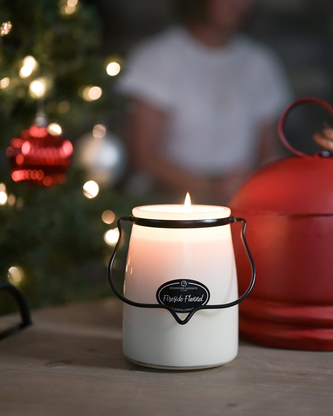 Milkhouse Candle Company Fireside Flannel Soy Candle - Amber & Tobacco | Fir & Balsam | Bergamot & Mountain Air - 22 oz Butter Jar with Lid, 120+ Hour Burn Time, Made in the USA