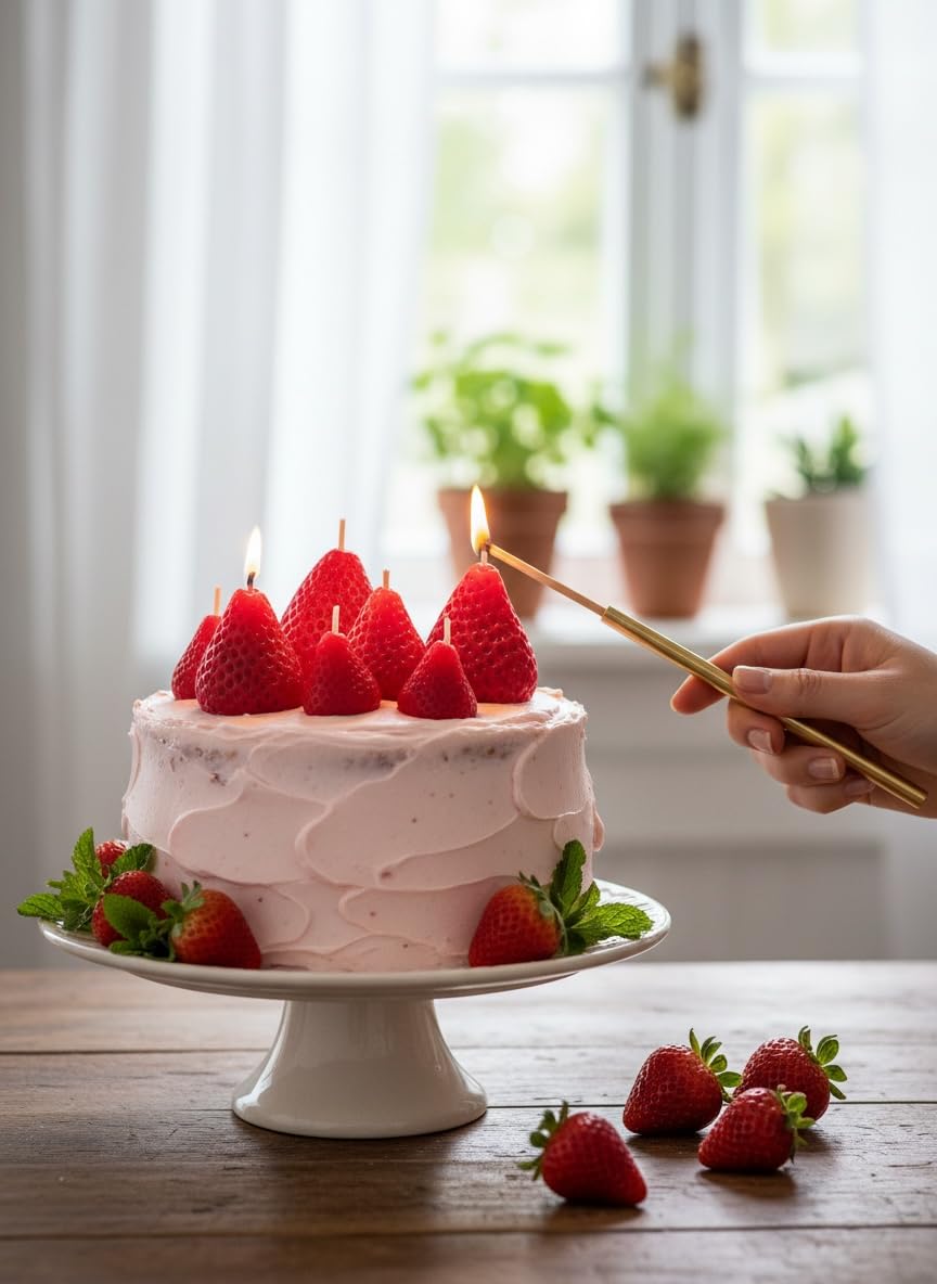 Handmade Beeswax Cake Candles with Cotton Wicks – Eco-Friendly Strawberry Shaped Candles for Parties, Weddings, Cupcakes, Celebrations (Strawberries)
