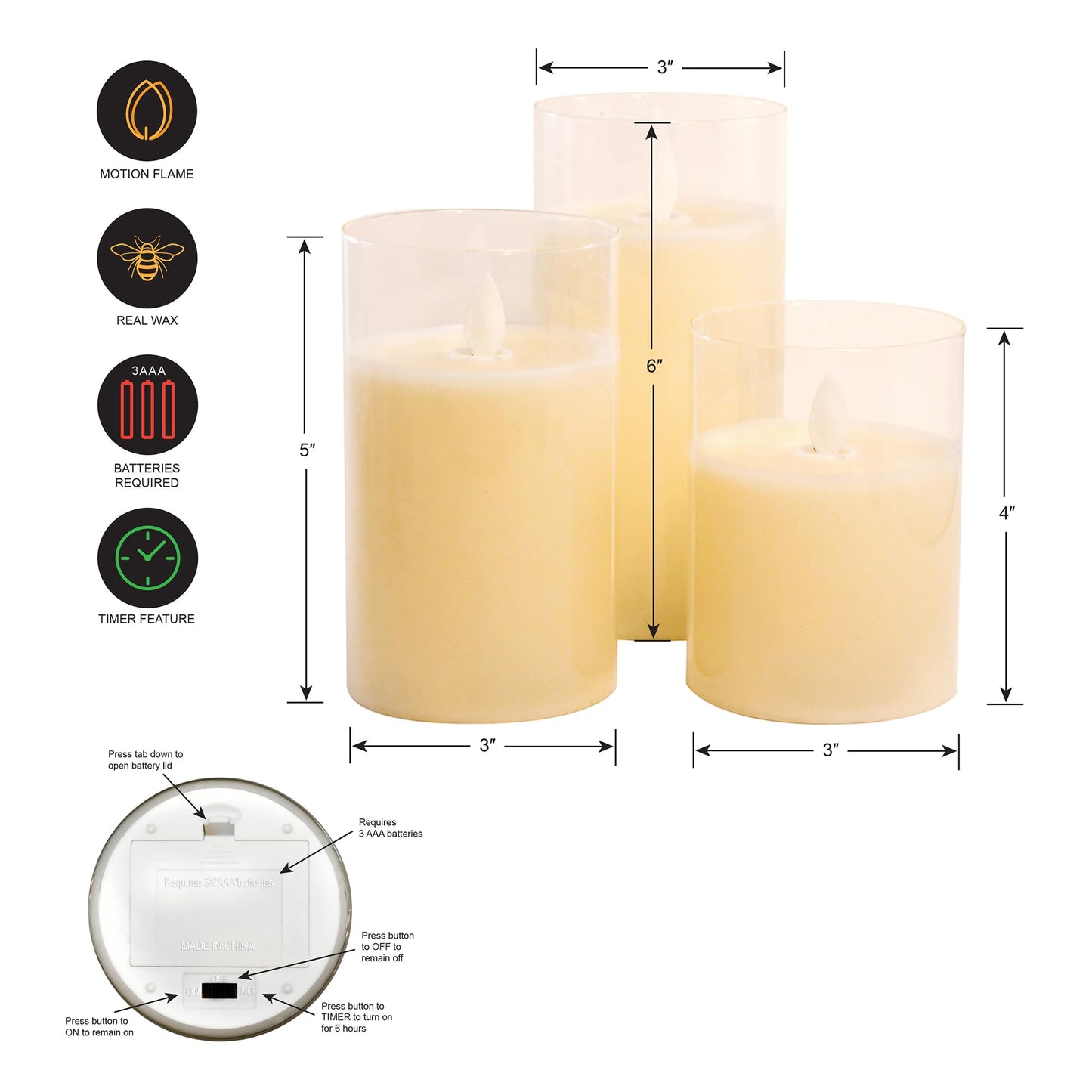 LumaBase Battery Operated Glass Hurricane LED Candles with Flickering Flame - Set of 3