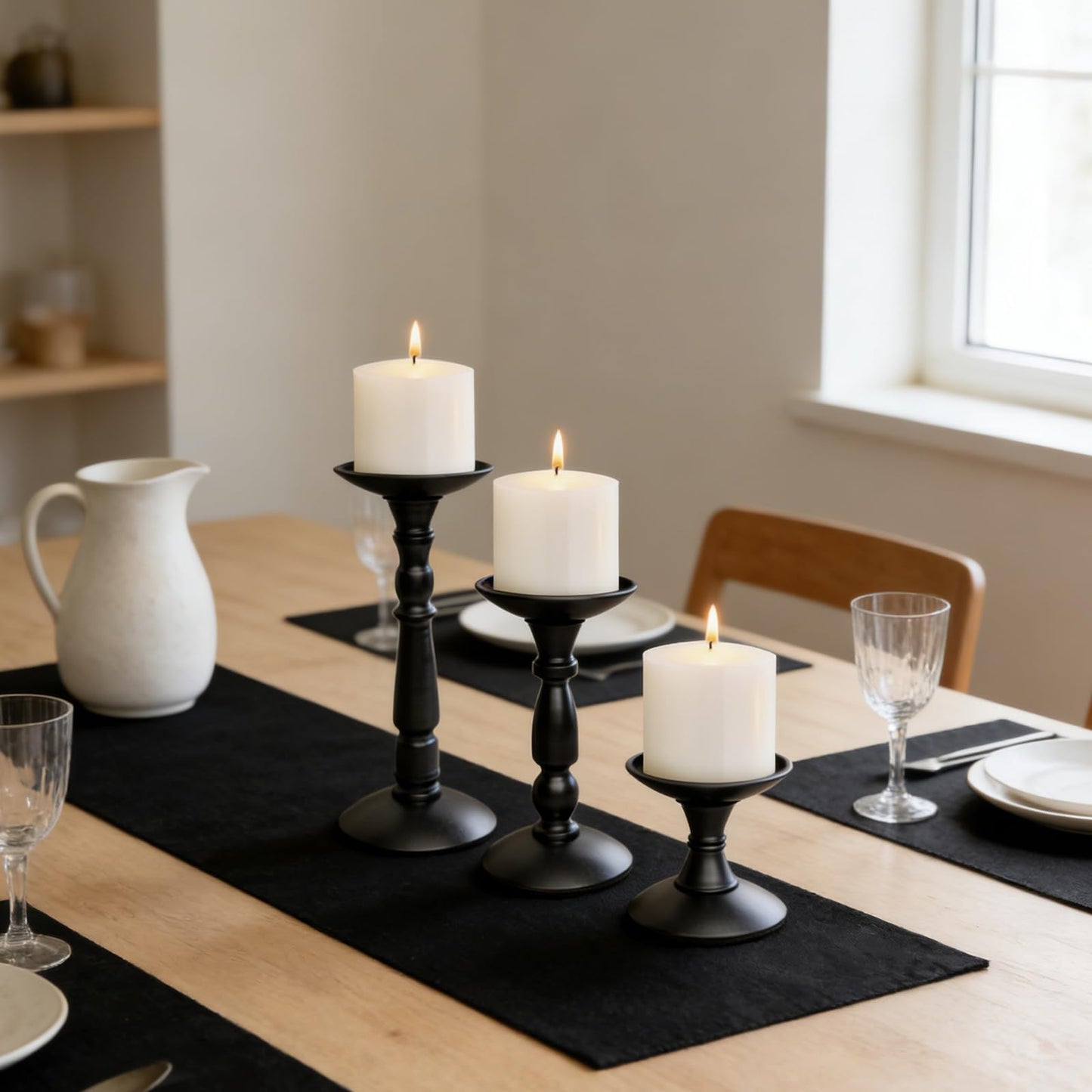 Bryzont Black Tall Pillar Candle Holders Metal Large Candle Stand Set of 3 for Pillar Candles, Dining Table Centerpiece, Fireplace Matel, Living Room, Farmhouse Home Decor, Party