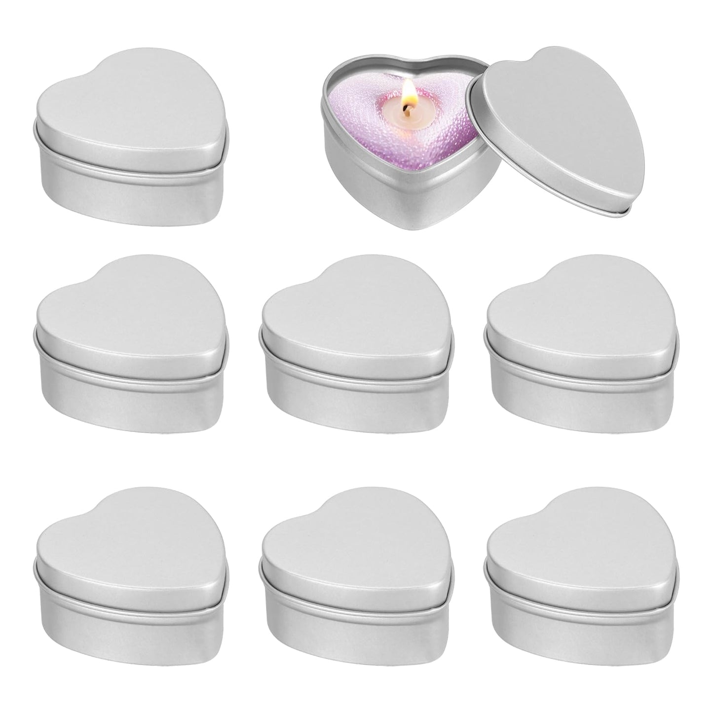 MECCANIXITY Heart Shaped Candle Tins, 2 oz Empty Metal Tin Cans Candles Containers for Candle Making Candies Gifts DIY Crafts, Silver, Pack of 8