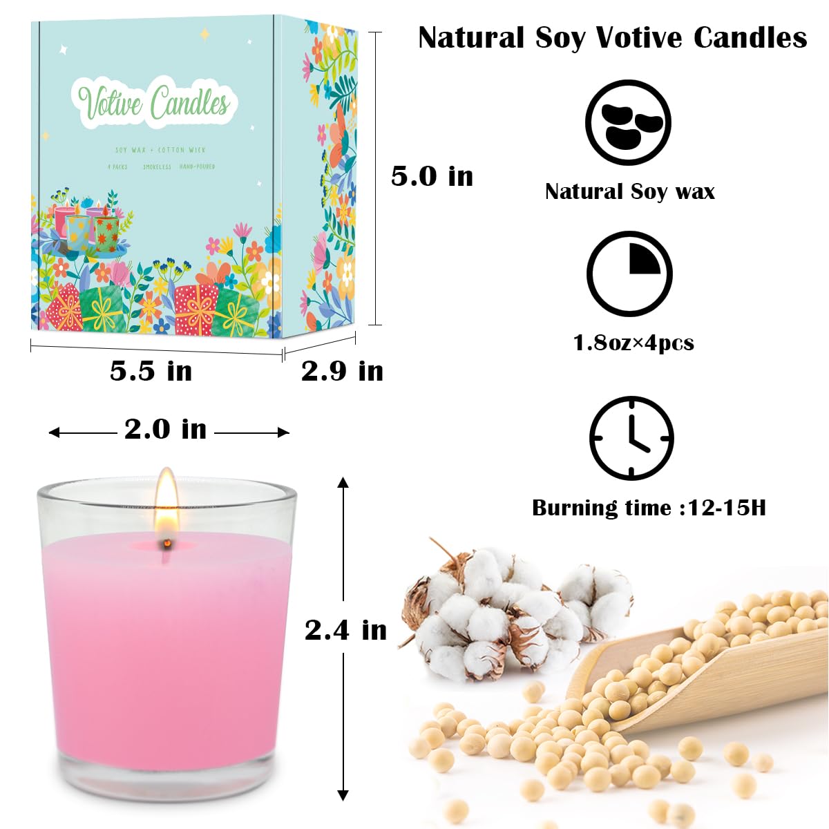 4 Packs Unscented Pink Votive Candles in Glass, 2 Inch Natural Soy Wax Scentless Candles for Valentine's Day Wedding Party Home Holiday Relaxation Spa, 12-15 Hour Burning Time