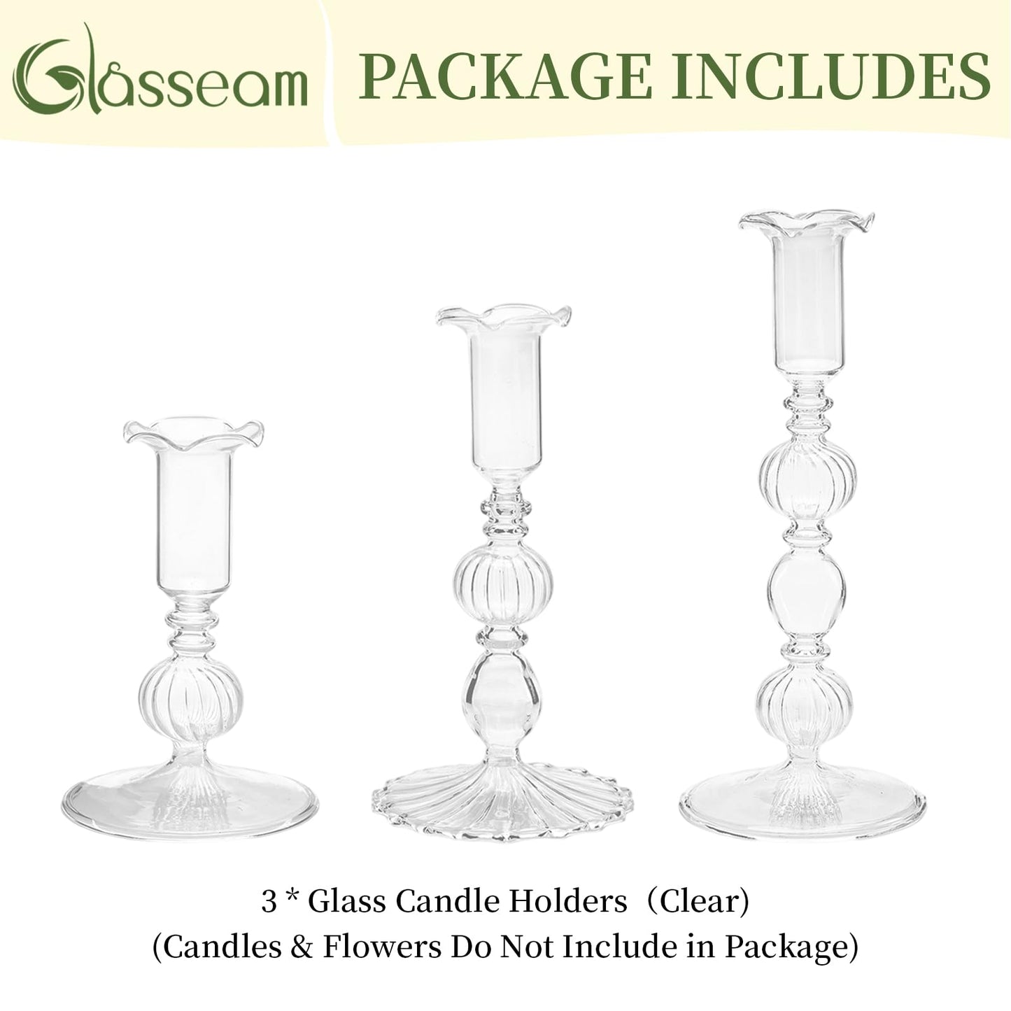 Glasseam Glass Tapered Candlestick Holders: Set of 3 Clear Candle Sticks Holder Decor with Bobeche Modern Ribbed Taper Candle Holders for Table Centerpiece Christmas Wedding Home Decorations