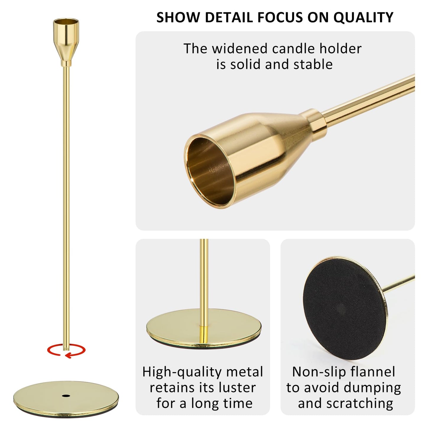 Gold Taper Candle Holders, Candlestick Holders, Candle Holders with 3 in 1 Candle Accessory Set, Metal Candle Stand for Mantle Table Centerpiece, Weddings, Dining, Housewarming(Set of 6)