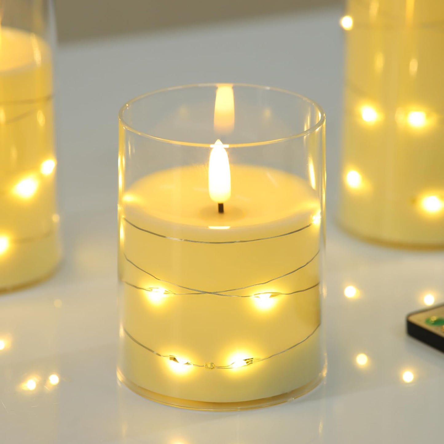Flameless Candles, Battery Operated LED Candles with Remote and Timer Flickering Flameless Candle for Romantic Ambiance and Home Halloween Decor Durable Acrylic Shell with Embedded Star String
