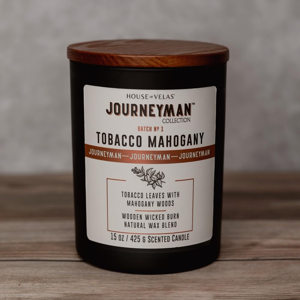 House of Velas Journeyman Collection Candle, 15oz, Wooden Wick, Tobacco Mahogany, Large Painted Jar