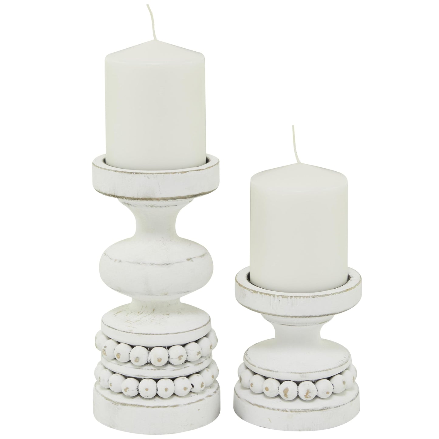 Deco 79 Wood Decorative Candle Holder Beaded Pillar Candle Stand, Set of 2 Candlestick Holder 8", 4"H, White