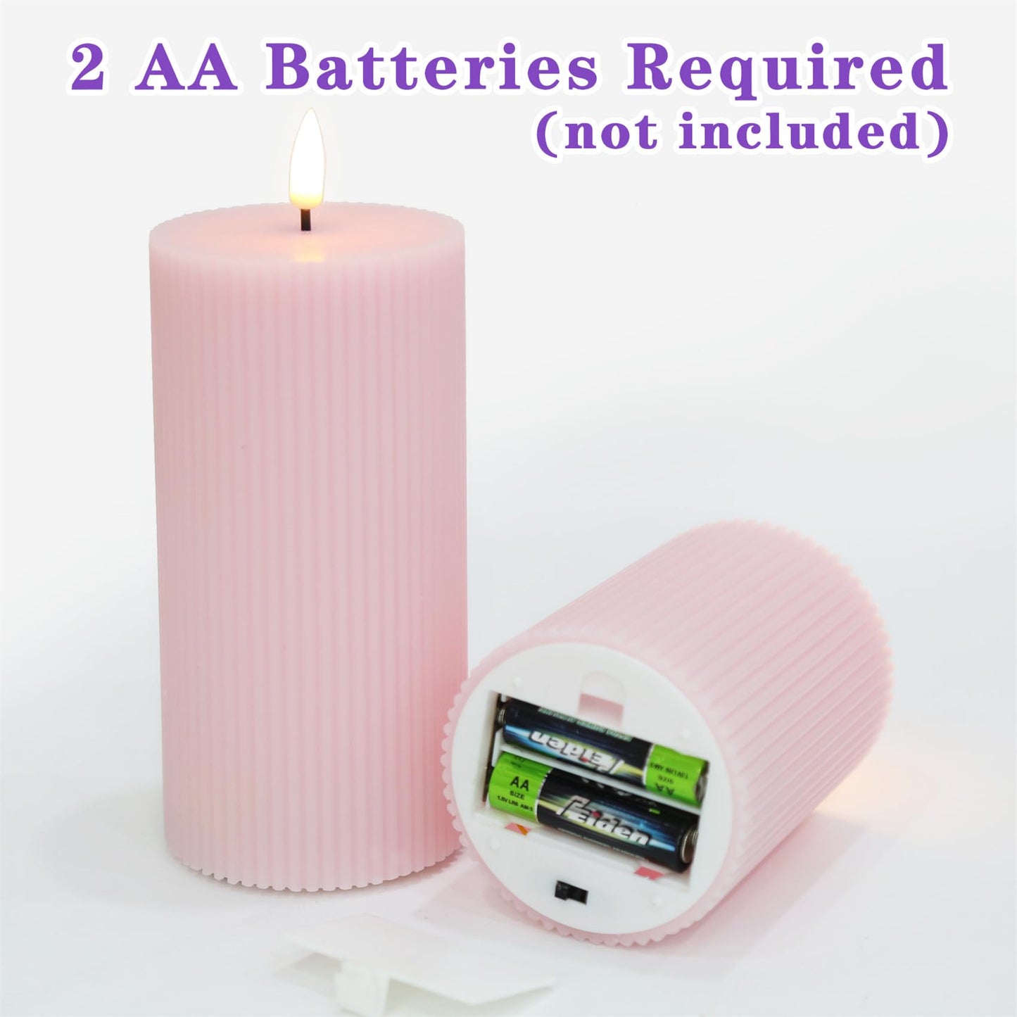 Girimax Pink Ribbed Flameless Pillar Candles with Remote, Flickering LED Wax Candles Battery Operated Set of 2