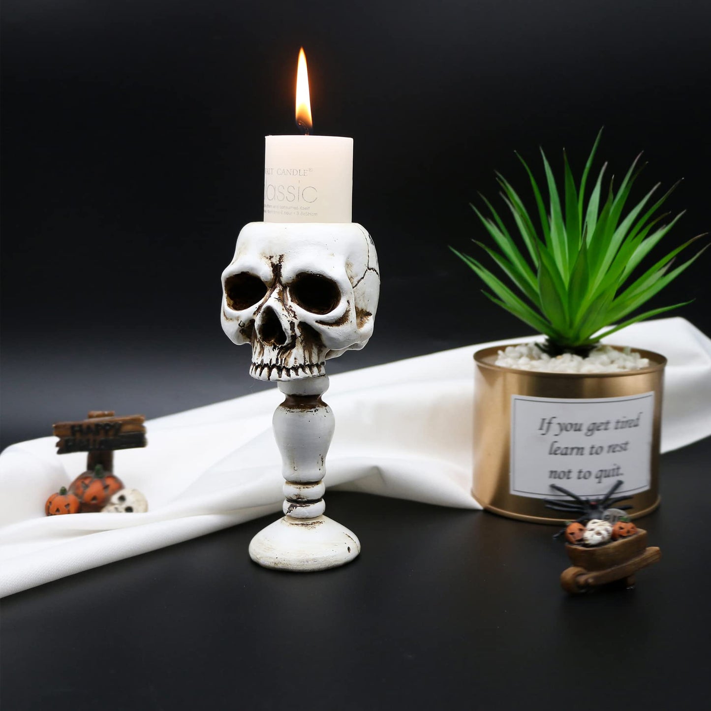 Skull Candle Holder - Gothic Tabletop Cranium Skeleton Head Candlestick Retro Spooky Desktop Tealight Cup Horrible Home Office Bar Party Graveyard Decor