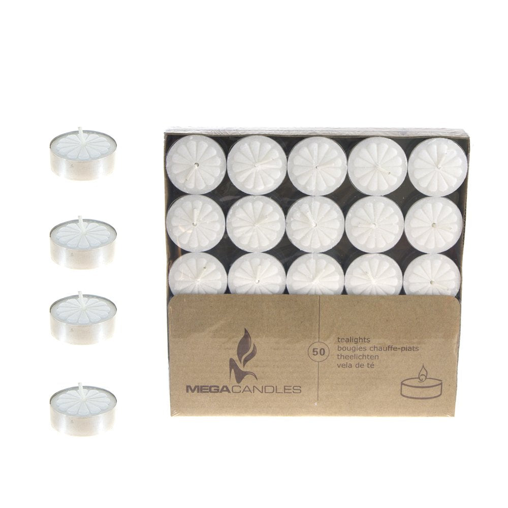 Mega Candles 50 pcs Unscented White Tea Lights Candle, Pressed Premium Wax Candles 4 Hour Burn Time, Home Décor, Wedding Receptions, Baby Showers, Birthdays, Celebrations, Party Favors & More