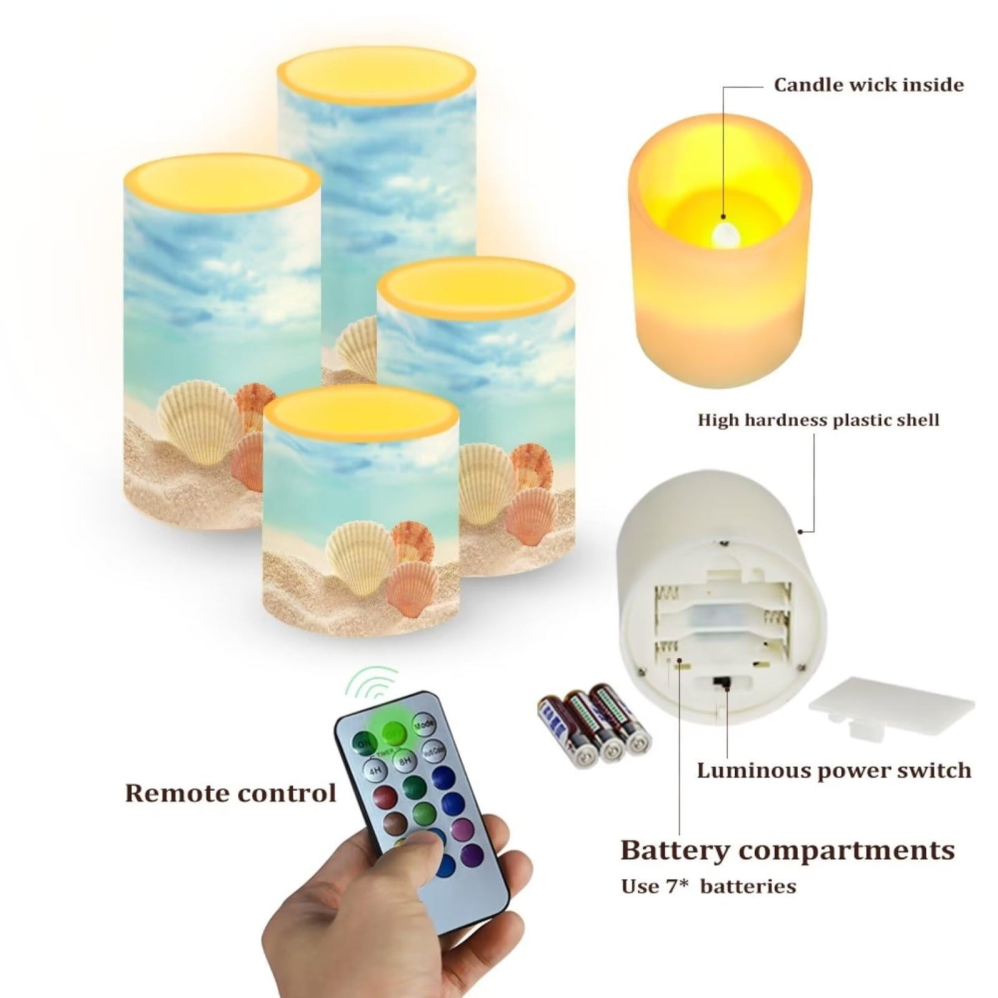 NETILGEN Flameless Candles with Remote Control, Set of 4, Color Changing Flickering Flameless LED Pillar Candles with Battery Operated, Beach Seashell Blue Decor