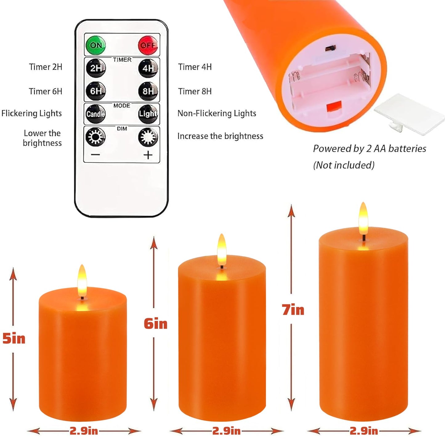 VEEKI Orange Flameless Candles, Set of 3 Flickering LED Candles with Remote & Timer, Dimmable Real Wax Pillar Candles Battery Operated, Electric Candles for Fall Thanksgiving Halloween Decor (Orange)