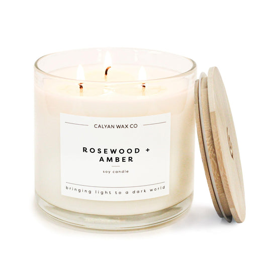Calyan Wax Co. Rosewood & Amber 3 Wick Scented Candle - 43 Hour Burn - Luxury 3 Wick Soy Candles - Clean Soy Wax Candles - Long Lasting Large Glass Jar Candle for Home - 14.9oz