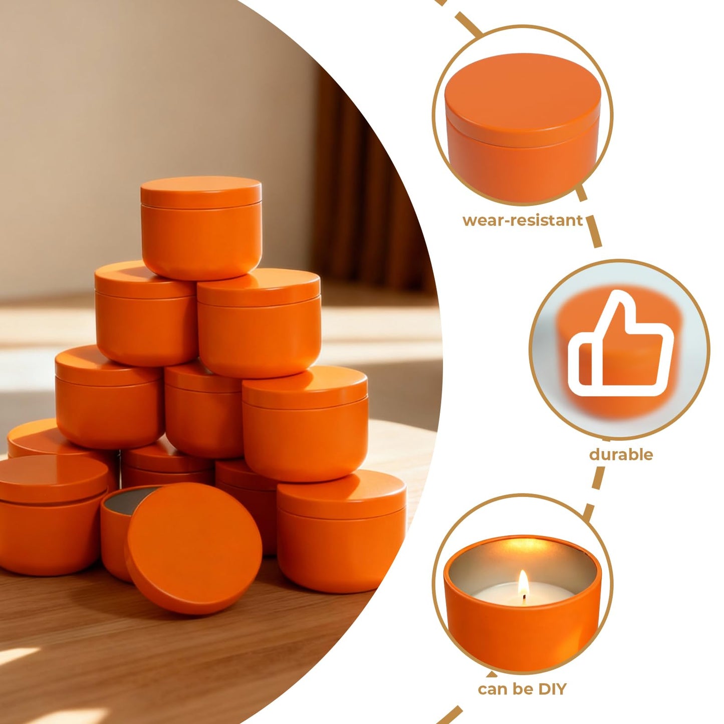 12 Pack 3 oz Candle Tins with Lids,Round Metal Candle Jars for Candle Making,Bulk Empty Tins Containers for DIY Crafts Christmas Gifts Small Business Supplies–Airtight Storage Jars (Orange)