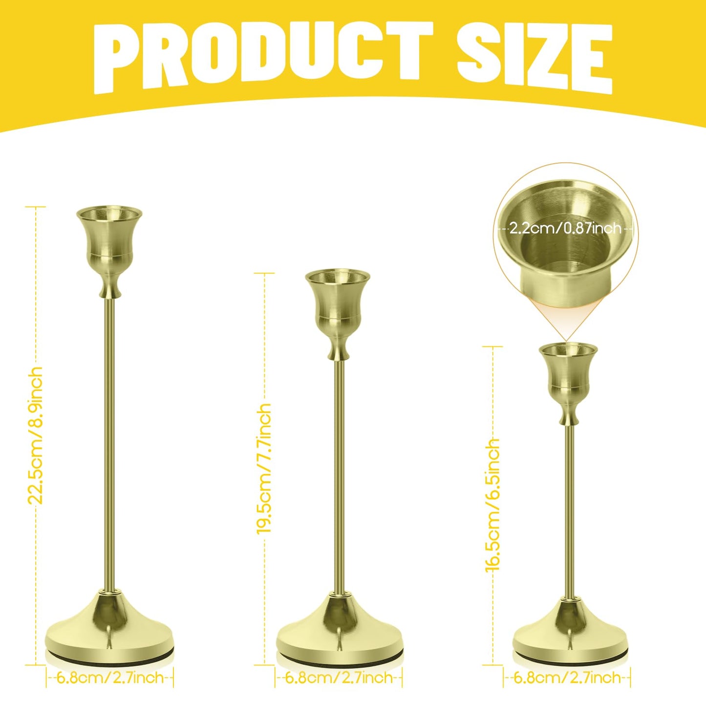 Bryzont Golden Taper Candle Holders Metal Gold Candlesticks Modern Candle Stick Holders Set of 3 for Dining Table, Weddings & Home Decor