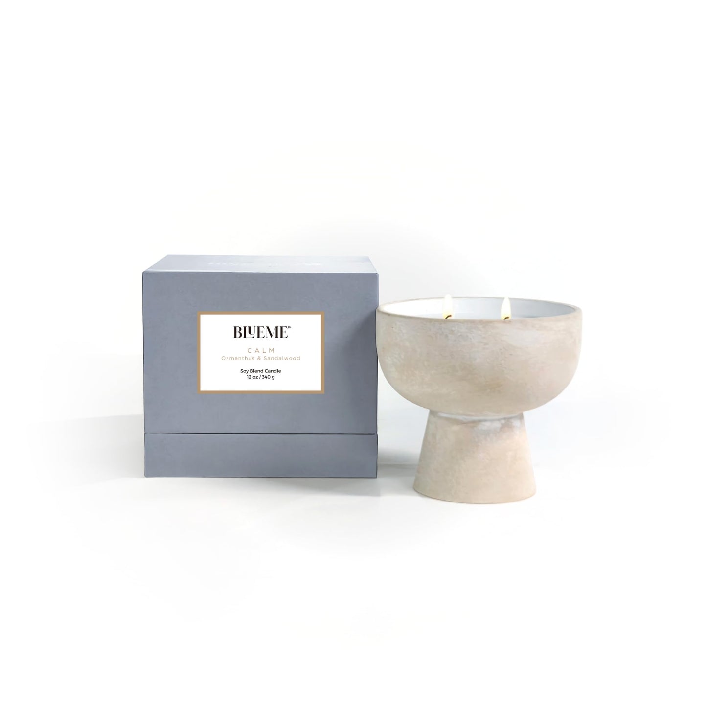 Blueme Calm Candle | Osmanthus & Sandalwood | 2 Wick - Refillable Wellness Candle with Essential Oils, Hand Finished & Poured Soy Wax Blend Ceramic Vessel, Natural Cotton Wicks | Medium 12 oz