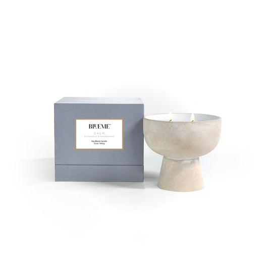 Blueme Calm Candle | Osmanthus & Sandalwood | 2 Wick - Refillable Wellness Candle with Essential Oils, Hand Finished & Poured Soy Wax Blend Ceramic Vessel, Natural Cotton Wicks | Medium 12 oz