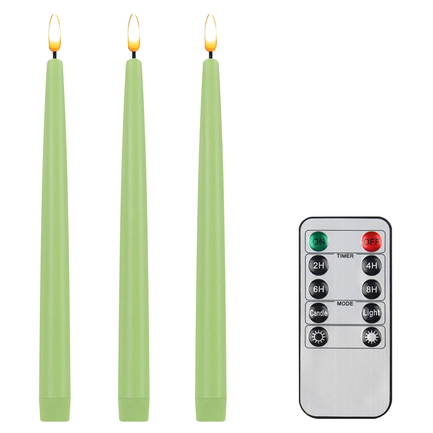 CVHOMEDECO. Flameless Taper Candles with 10-Key Remote, Battery Operated Led Flickering 3D Wick Window Candles Real Wax Finished Home Christmas Party Decor 0.78 x 11 Inch, Pack of 3, Light Green