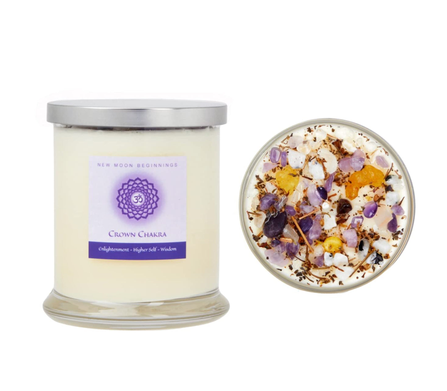 Crown Chakra Candle by New Moon Beginnings - Chakra Candles - Dried Flower, Herb, & Crystal Candles - Aromatherapy Candles - Soy Candle - 12oz Glass Jar