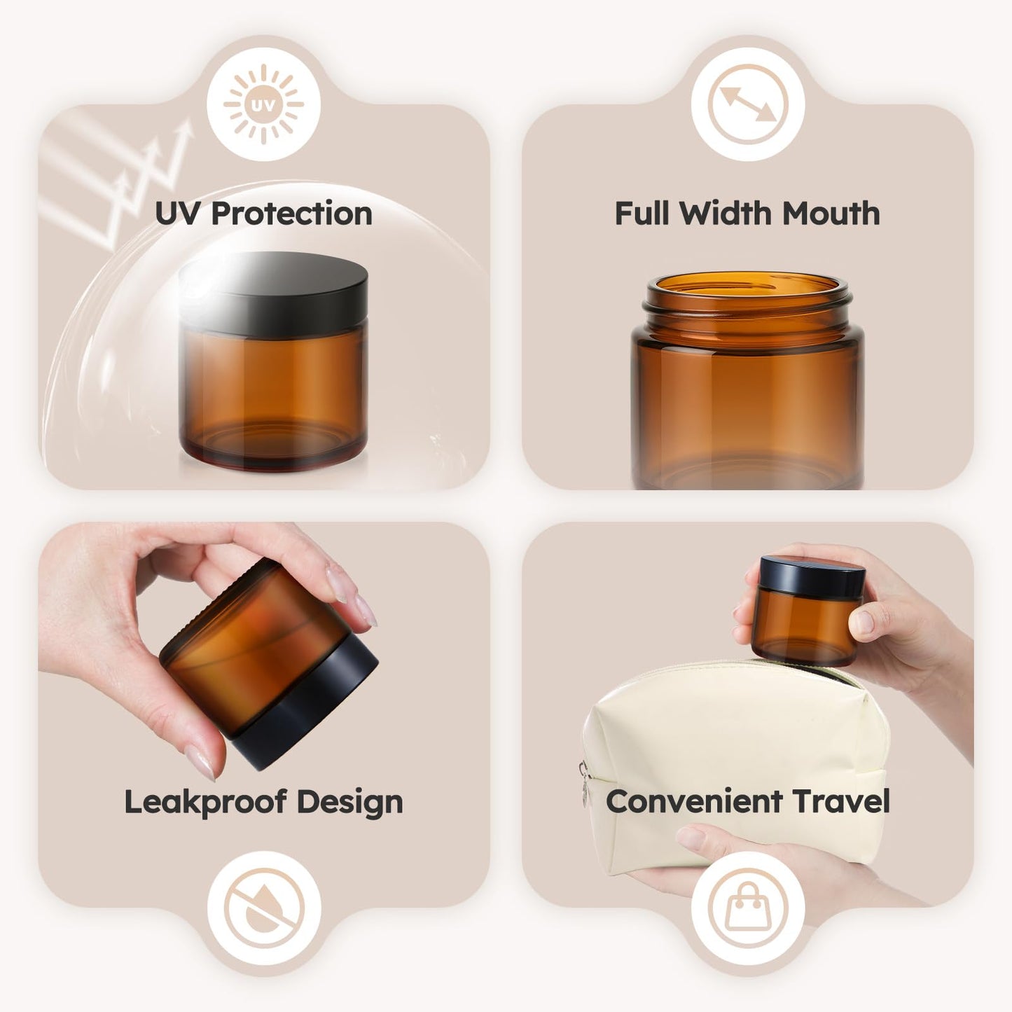 4 oz Glass Jars with Metal Lids, 24 Pack Amber Small Glass Jars with Black Lids Leakproof Round Airtight Empty Cosmetic Travel Containers with Inner Liners For Lotions Powders and Candle Making