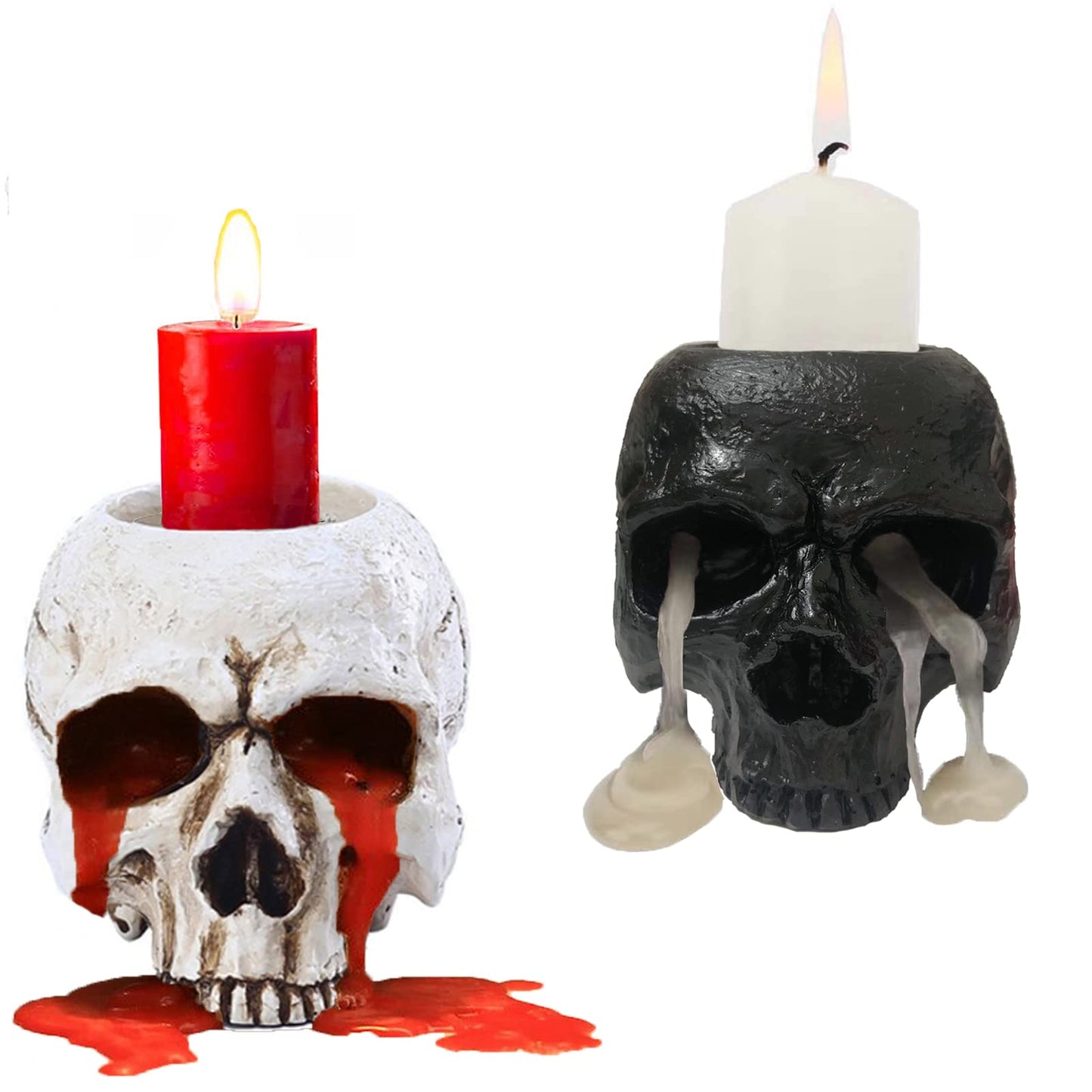 VICDUEKG 2 Pcs Skull Candle Holder Skeleton Candlestick Holders Tealight Resin Candlestick Crafts for Party Halloween Graveyard Outdoor Bar Home Decoration, Black and White