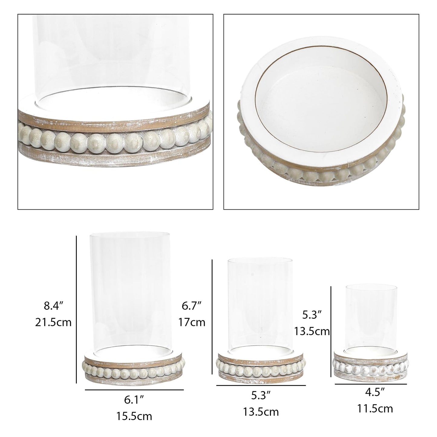 SWALLOWLIVING Glass Hurricane Candle Holders for Pillar Candles - Farmhouse Rustic Distressed White, Set of 3 with Wood Beaded Base