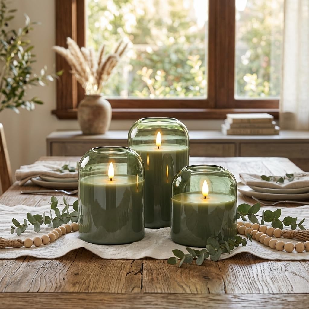 Mid Century Modern & Boho Home Decor, 3-Pack Olive Green Glass Battery Operated Candles, Flameless LED Pillar Candles with Remote & Timer, Realistic Flickering 3D Wick for Mantel, Shelf, Entryway