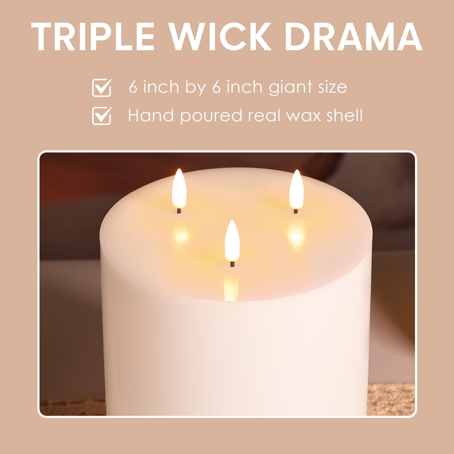 Girimax White 3 Wick Flameless Candle with Remote, 6x6 inch Giant LED Pillar Candle, Battery Operated Real Wax Flickering