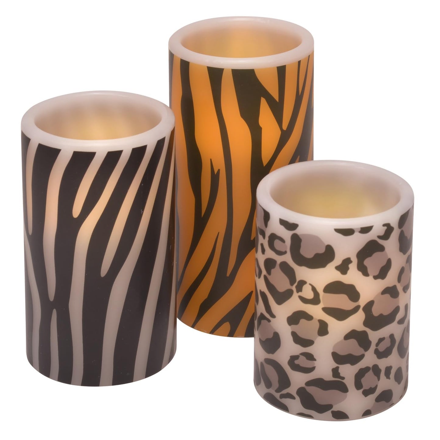 Mark Feldstein & Associates Wild Animal Print Flameless LED Pillar Candles, Set of 3, 6 Inch, Zebra, Tiger, Leopard