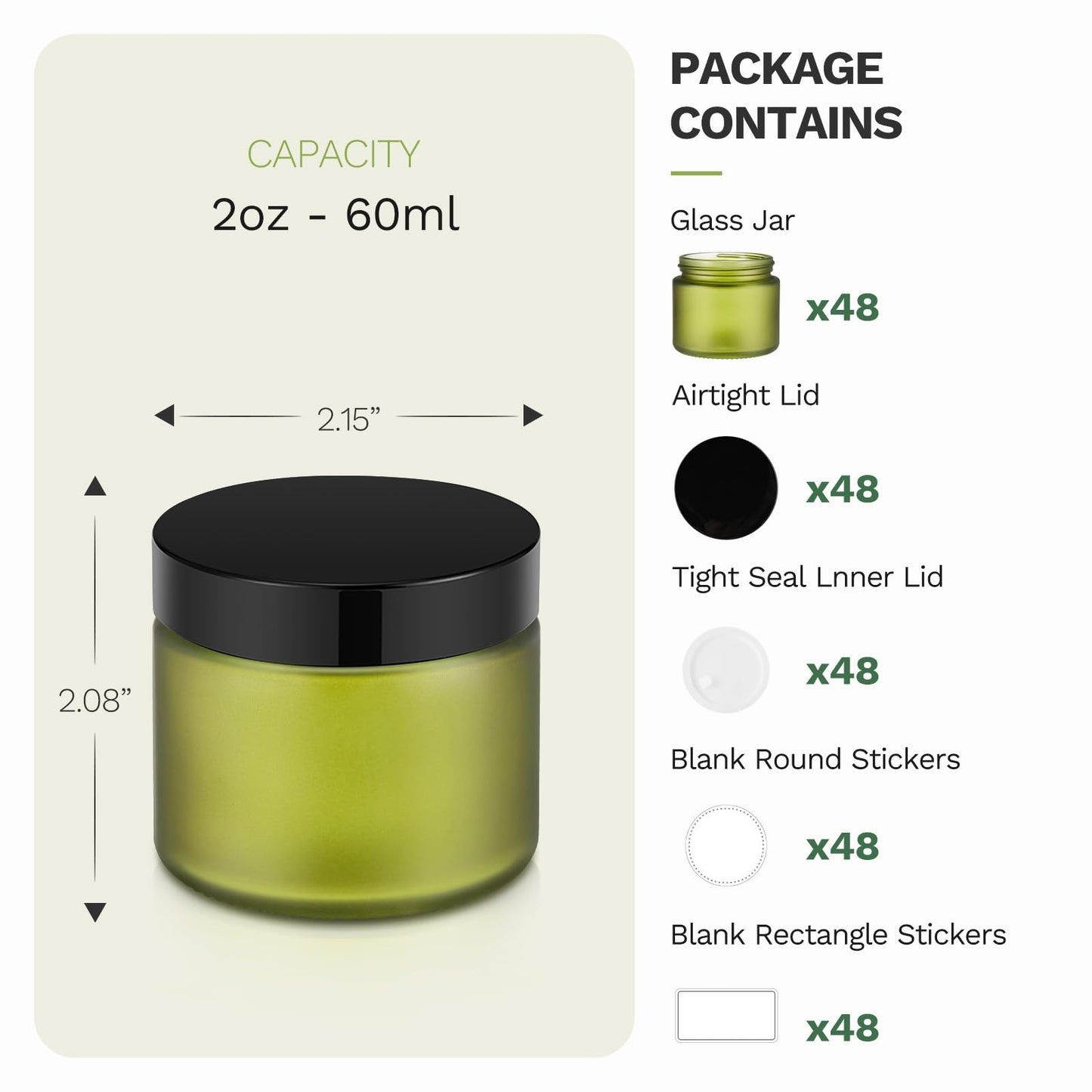 2 oz Small Glass Jars with Lids, Bumobum 48 pack Round Green Glass Candle Jars with Black Lids, White Labels & Inner Liners, Empty Cosmetic Containers for Cream, Lotion, Slime, Ointment