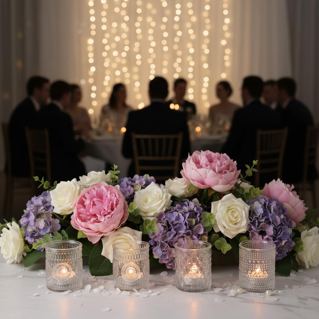 LETINE 16 Pcs Clear Glass Votive Candle Holders, Set of 4 Assorted Embossed Patterns, Tealight Candle Holders Bulk for Spring Summer Wedding Table Centerpieces, Valentine's Day & Party Decorations