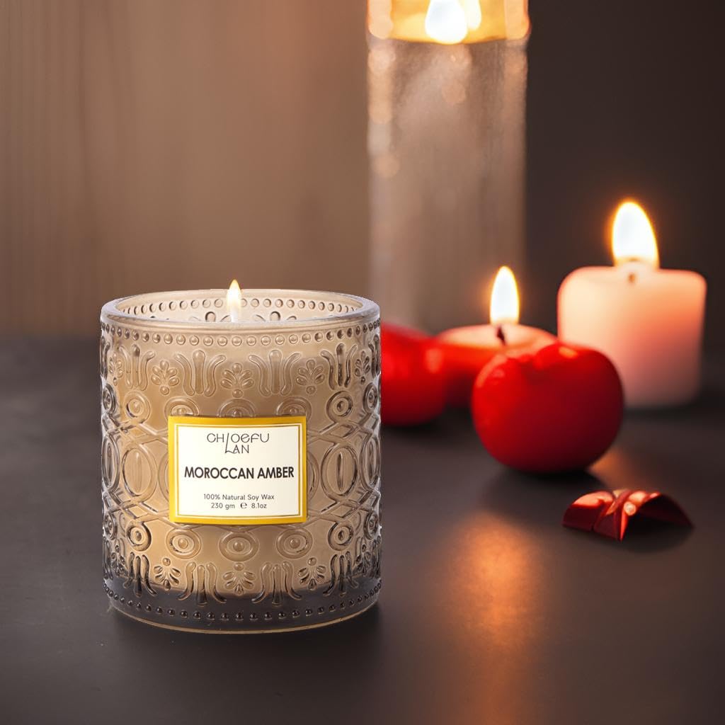 Chloefu LAN Amber Candles for Home Scented, Gifts for Women & Men, Luxury Glass Jar Candle, Natural Soy Wax, Home Decor, 55 Hours Long Burning, 8.1 oz