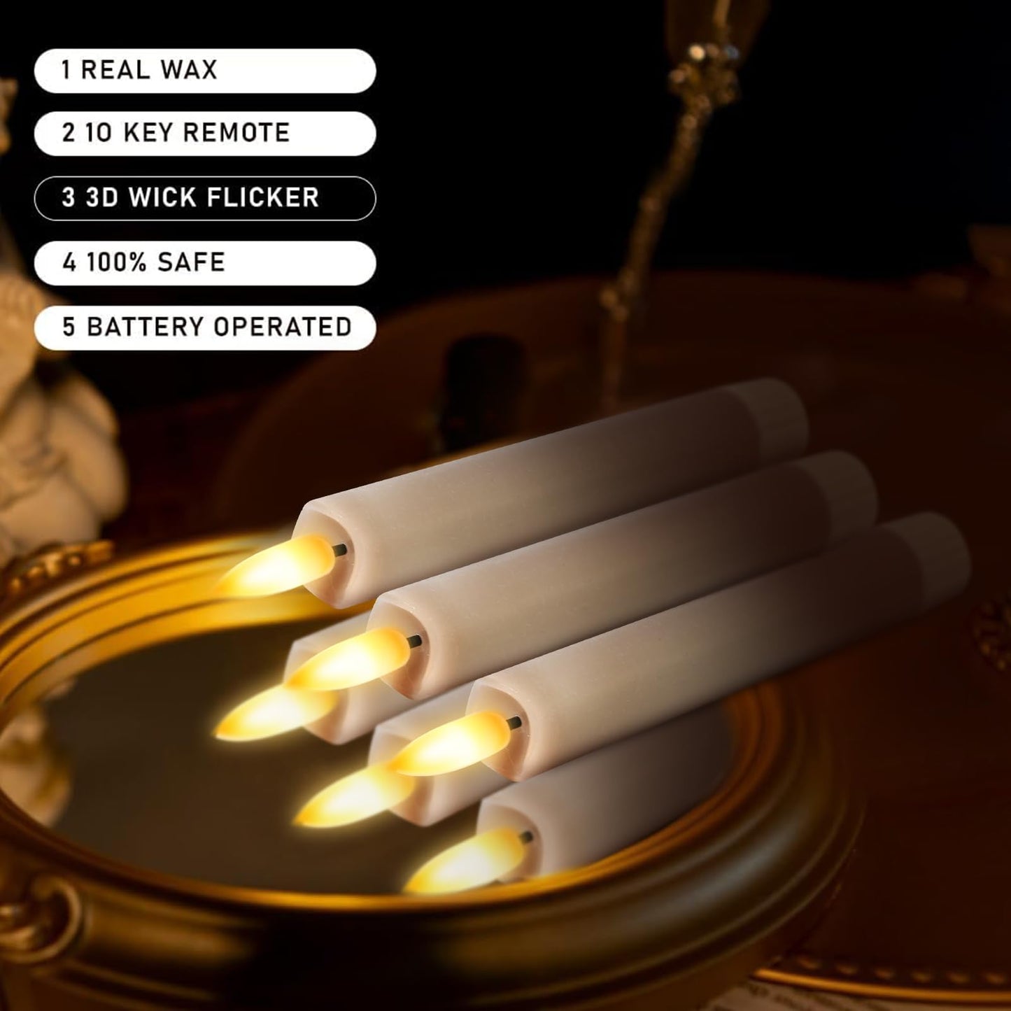 KSWING Upgraded Real Wax Short LED Flameless Taupe Taper Candles with Remote, 6 PCS Candlesticks Battery Operated 3D Flickering- 6" Realistic Fake Candle Sticks for Home/Wedding/Fireplace Xmas Decor