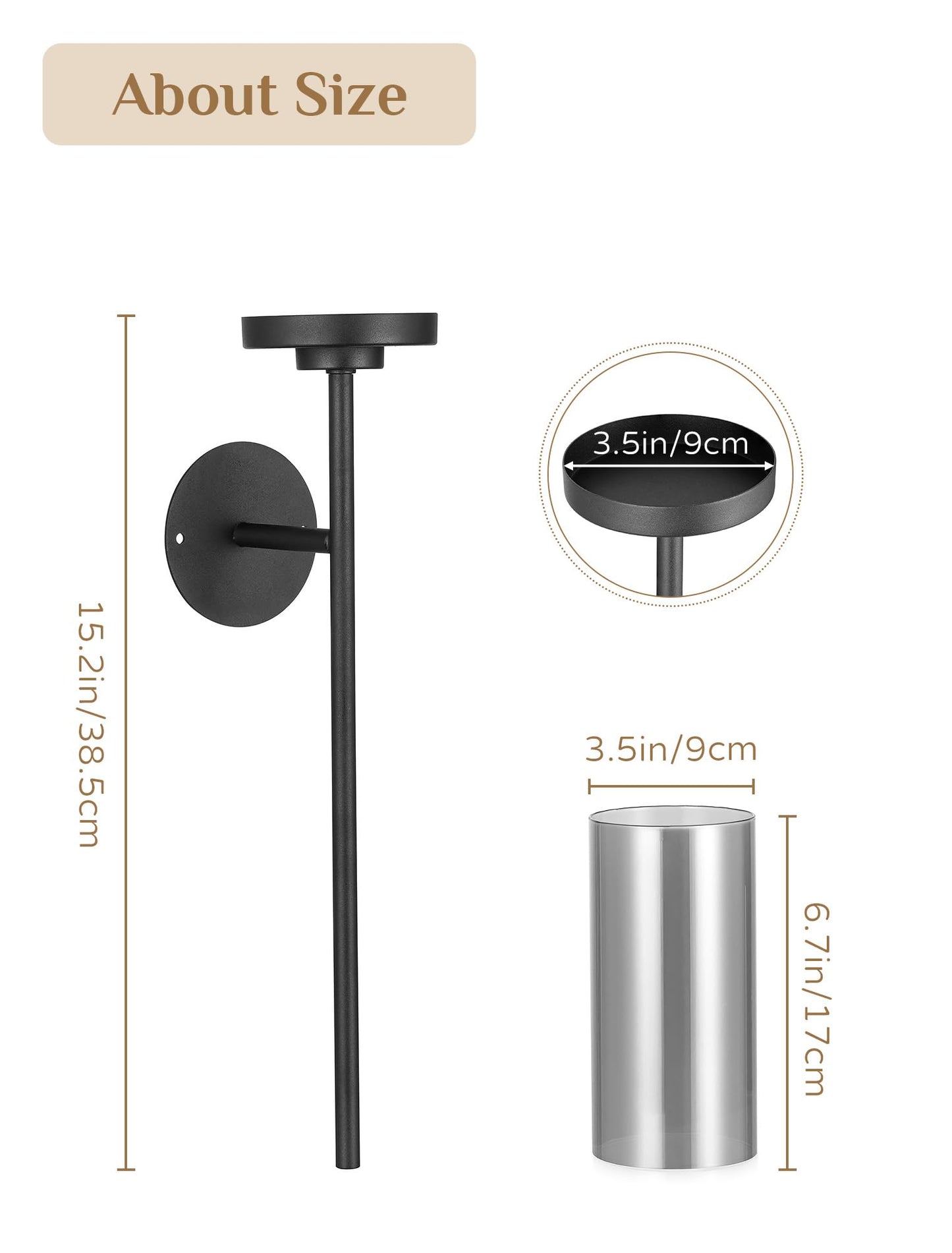 Walasis Black Wall Candle Holder Decor: 22 Inch Metal Long Candle Sconces with Smokey Grey Hurricane Modern Minimalist Decoration for Hallway Living Room Beside Fireplace TV