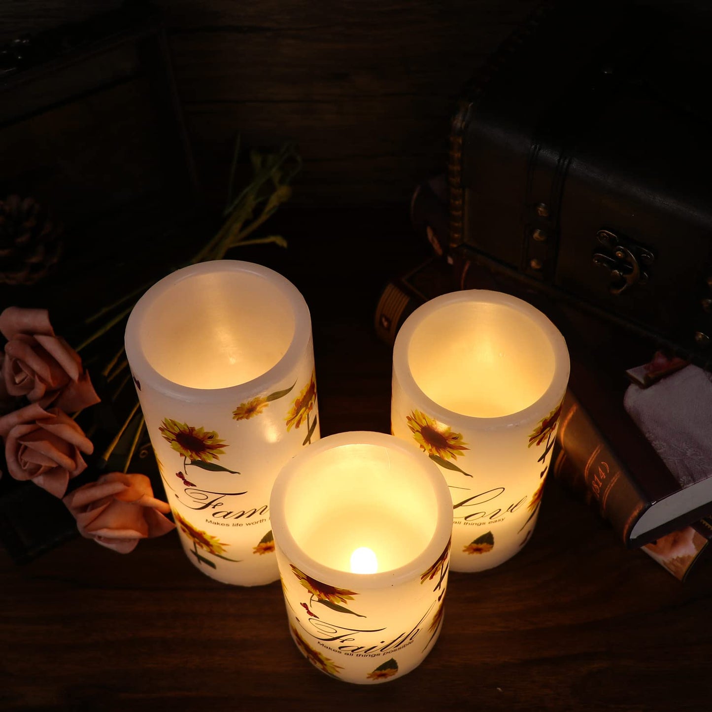 DRomance Sunflower Flameless Flickering Candles with 6H Timer, Set of 3 Battery Operated White Real Wax LED Pillar Candles Party Dinner Wedding Spring Decor(3 x 4,5,6 Inches)
