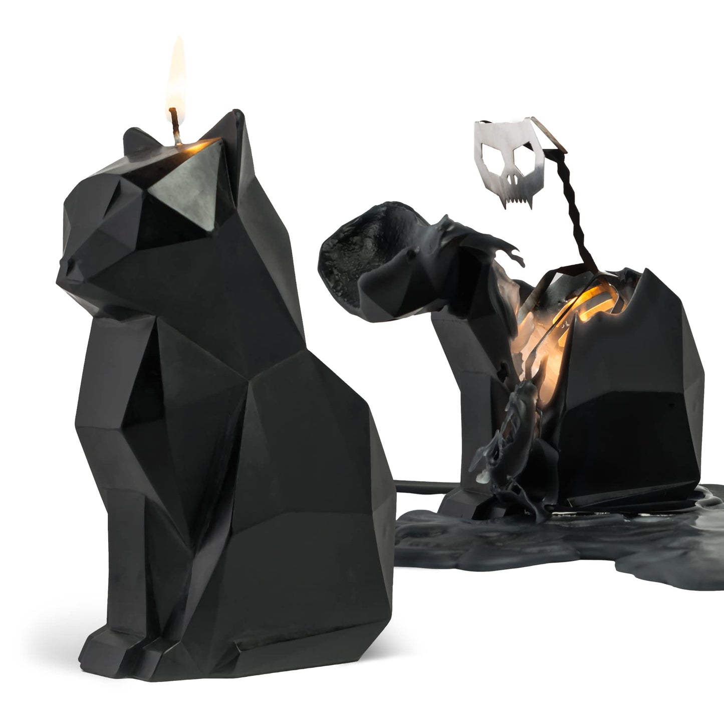 Pyropet Kisa Cat Candle with Skeleton Inside, Black, 20 to 25 Hour Burn, 6.7 x 2.9 x 4.5 in Sculptural Geometric Kitty and Creepy Cute Décor, Unique Melting Christmas Gift for Cat Lovers