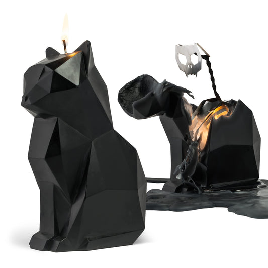 Pyropet Kisa Cat Candle with Skeleton Inside, Black, 20 to 25 Hour Burn, 6.7 x 2.9 x 4.5 in Sculptural Geometric Kitty and Creepy Cute Décor, Unique Melting Christmas Gift for Cat Lovers