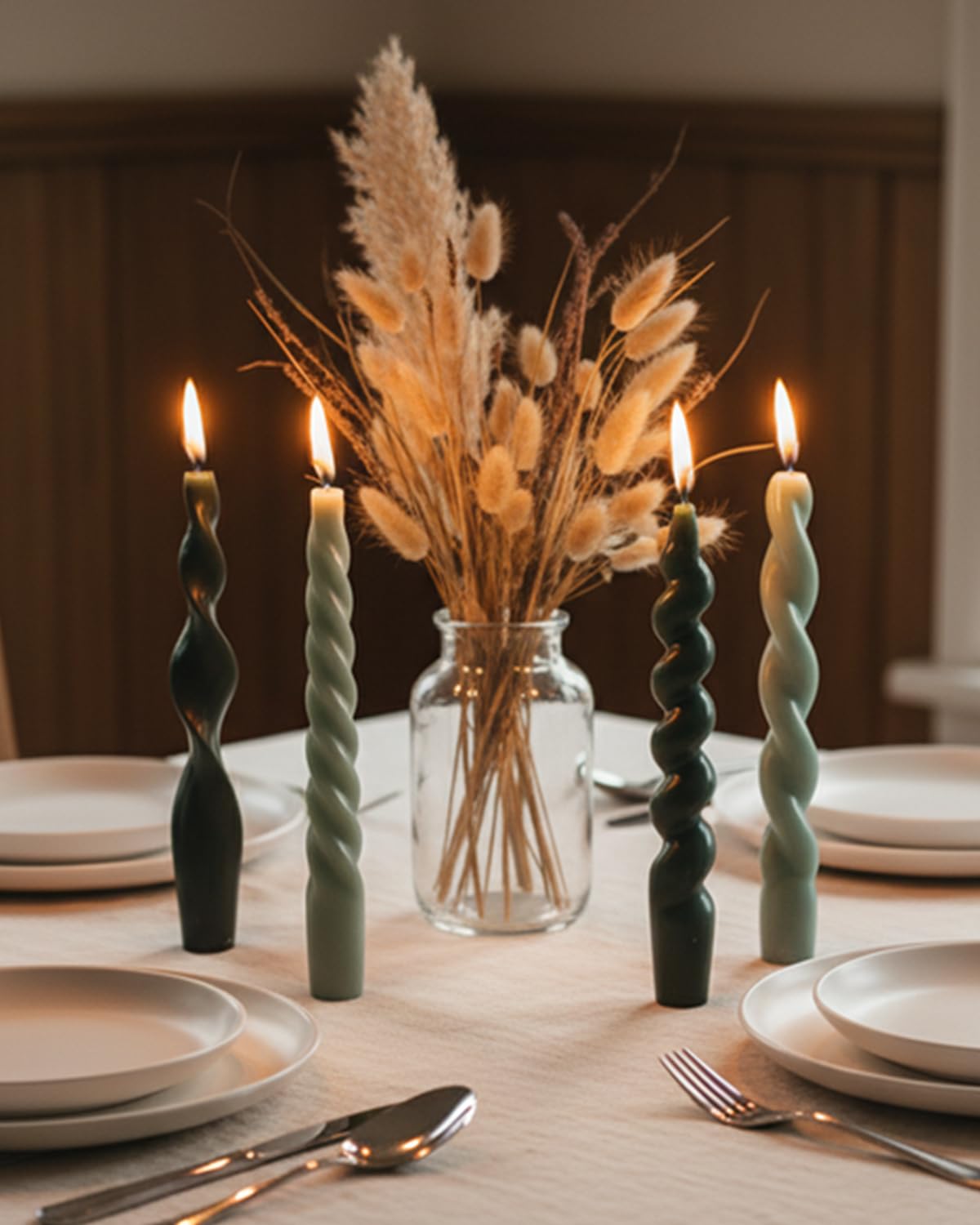 Green Taper Candle Stick Spiral Taper Candle for Wedding Party Decoration Home Dinner Decoration Unscented Candles,7.6inch,4 Pack