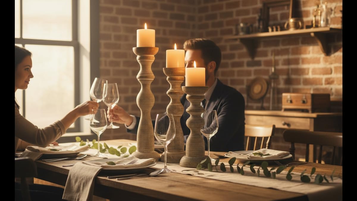 White Washed Hand Carved Wooden Pillar Candle Holders - Set of 3 | Chennai Decorative Style | Crafted from Mango Wood | Rustic Table Centerpiece Decor | Sized 18", 15" and 12"
