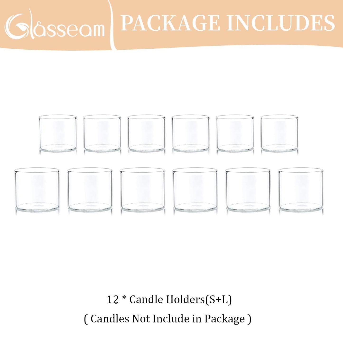 Glasseam Glass Votive Candle Holders - Clear Set of 12, Mini Floating Tea Lights for Wedding Centerpieces, Christmas Party Decorations, 1.6"+2