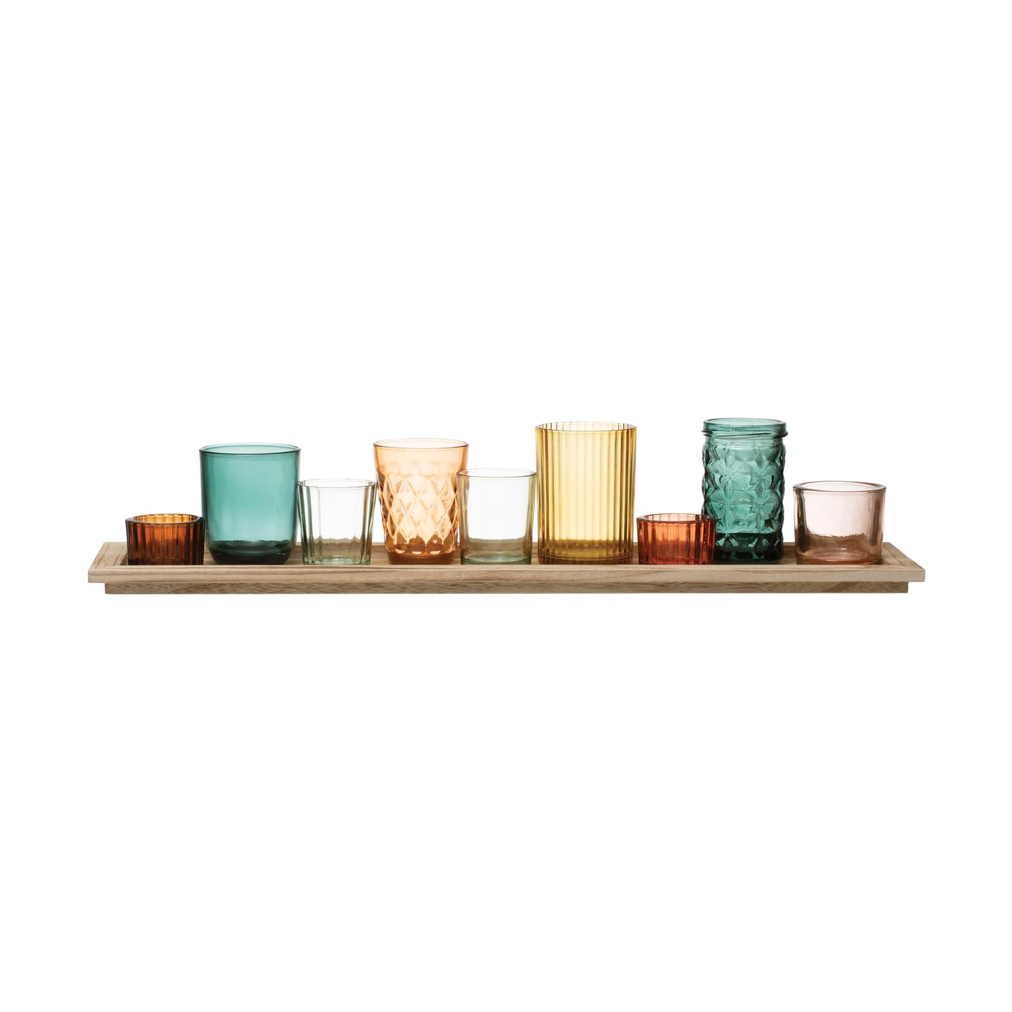 Creative Co-Op Round Glass Votive Holders on Wood Tray, Yellows & Greens, Set of 9